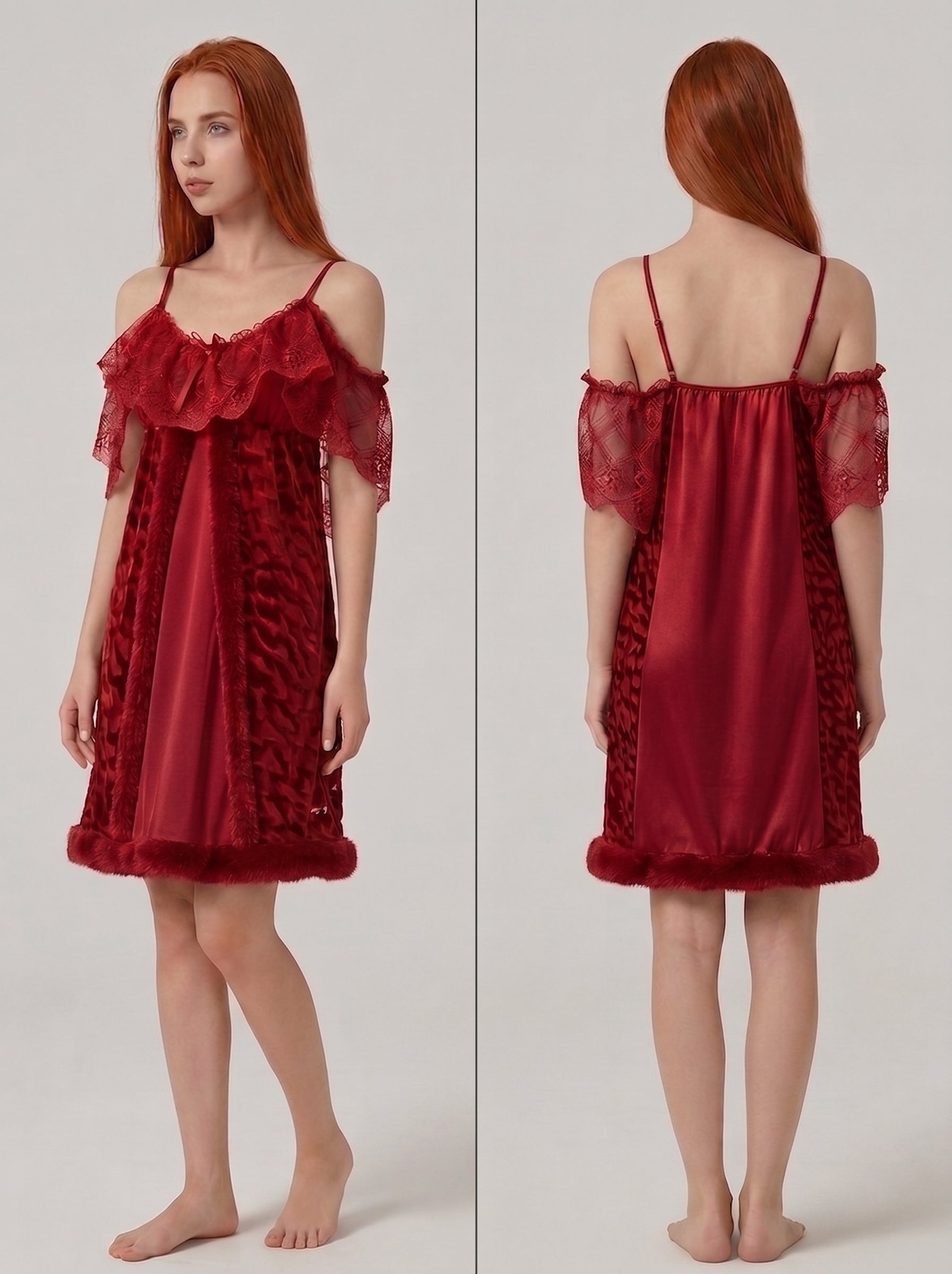 Velvet & Lace Cold-Shoulder Nightdress with Fur Trim