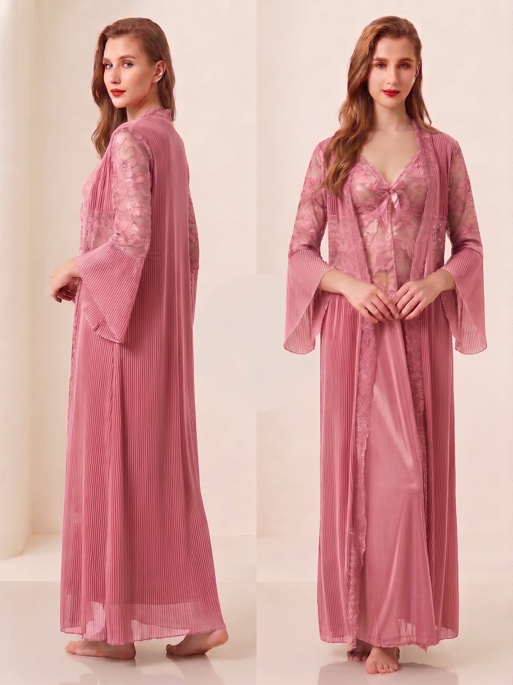 Lace & Pleated Long Robe Nightwear Set