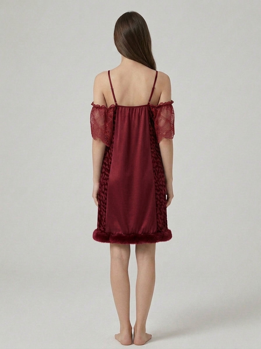 Velvet & Lace Cold-Shoulder Nightdress with Fur Trim