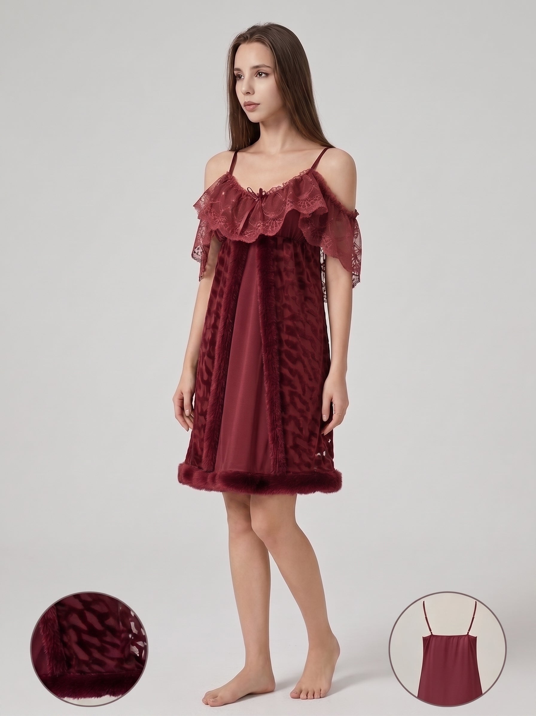 Velvet & Lace Cold-Shoulder Nightdress with Fur Trim