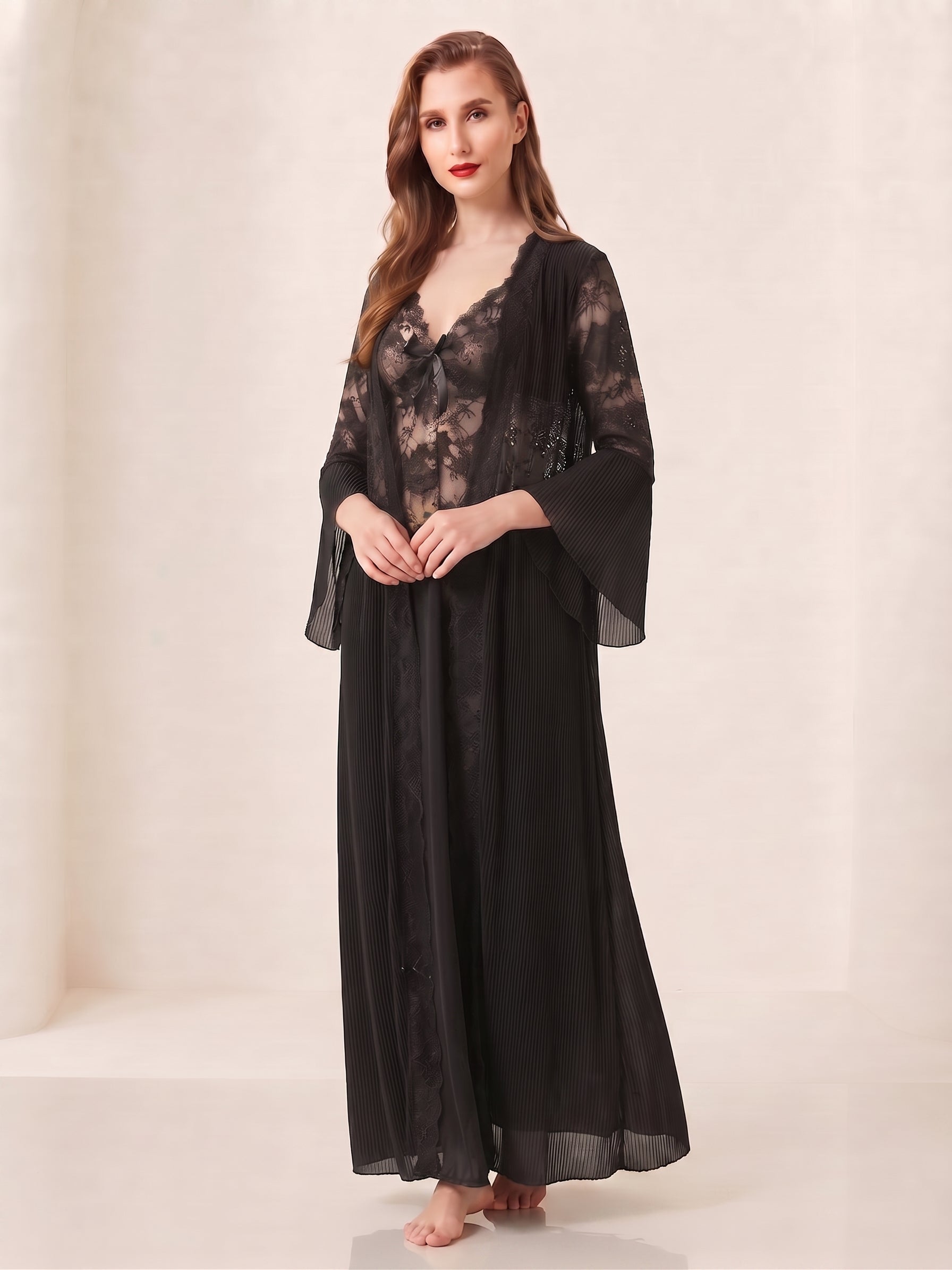 Lace & Pleated Long Robe Nightwear Set