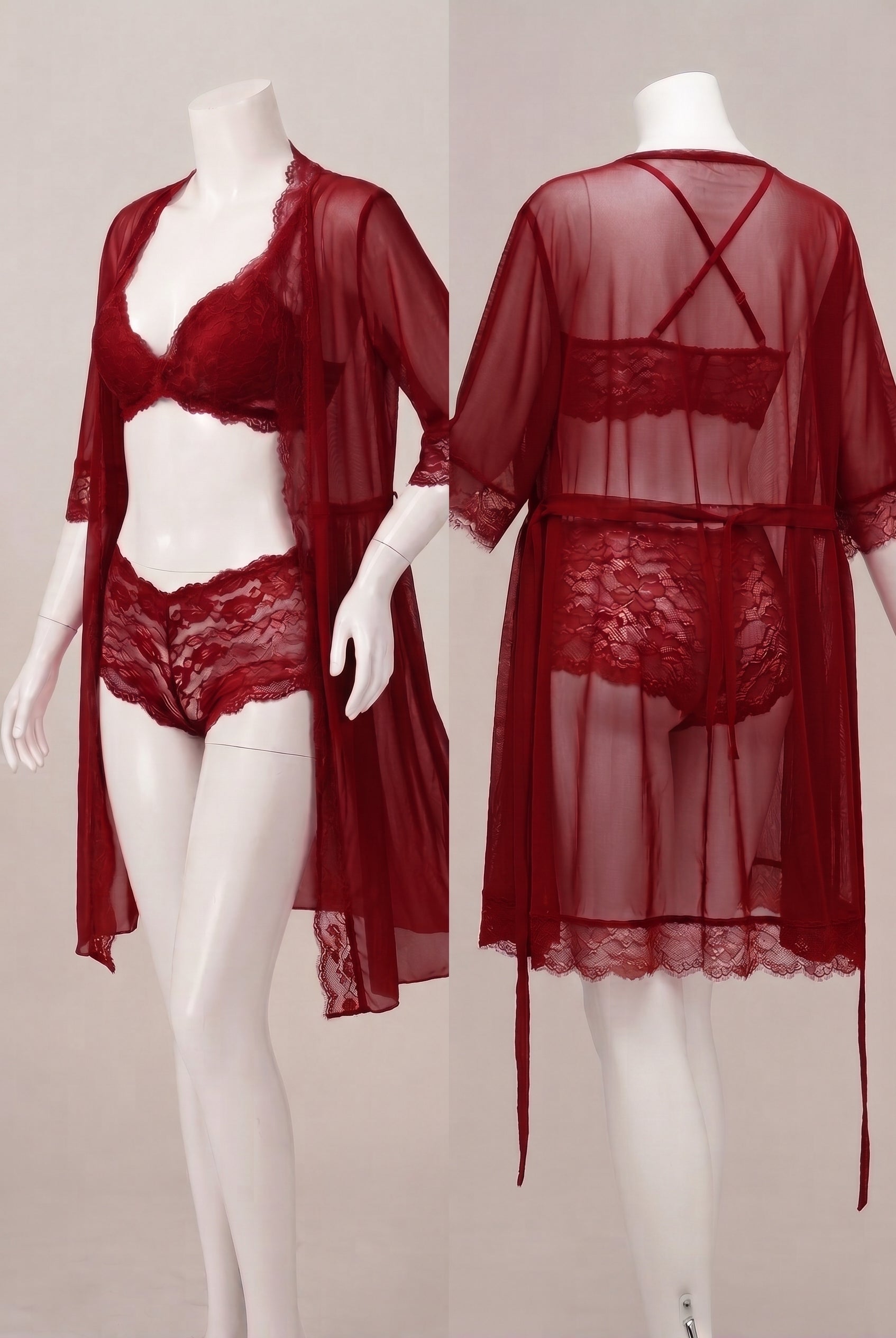 3-Piece Sheer Floral Lace Lingerie Set with Robe
