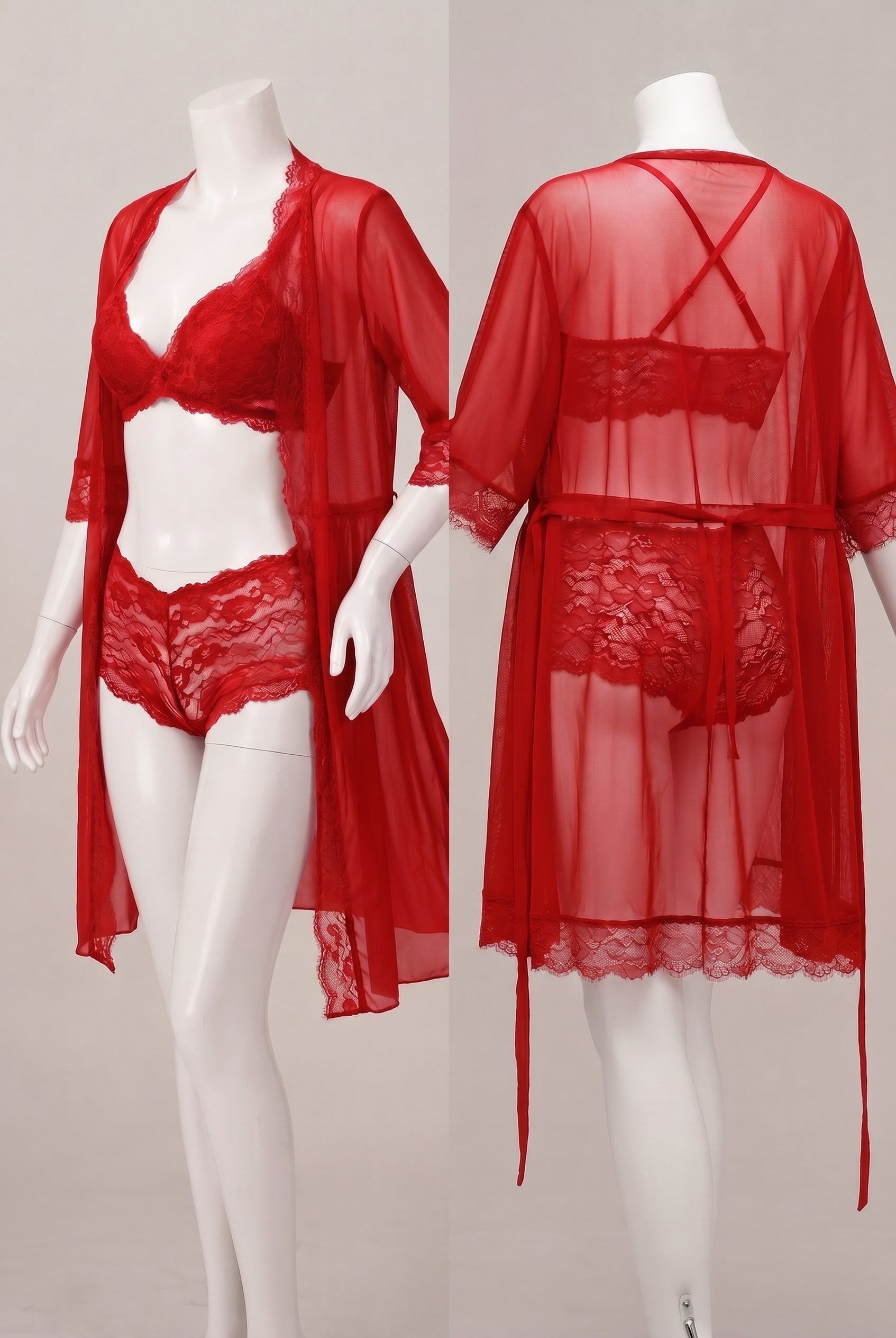 3-Piece Sheer Floral Lace Lingerie Set with Robe