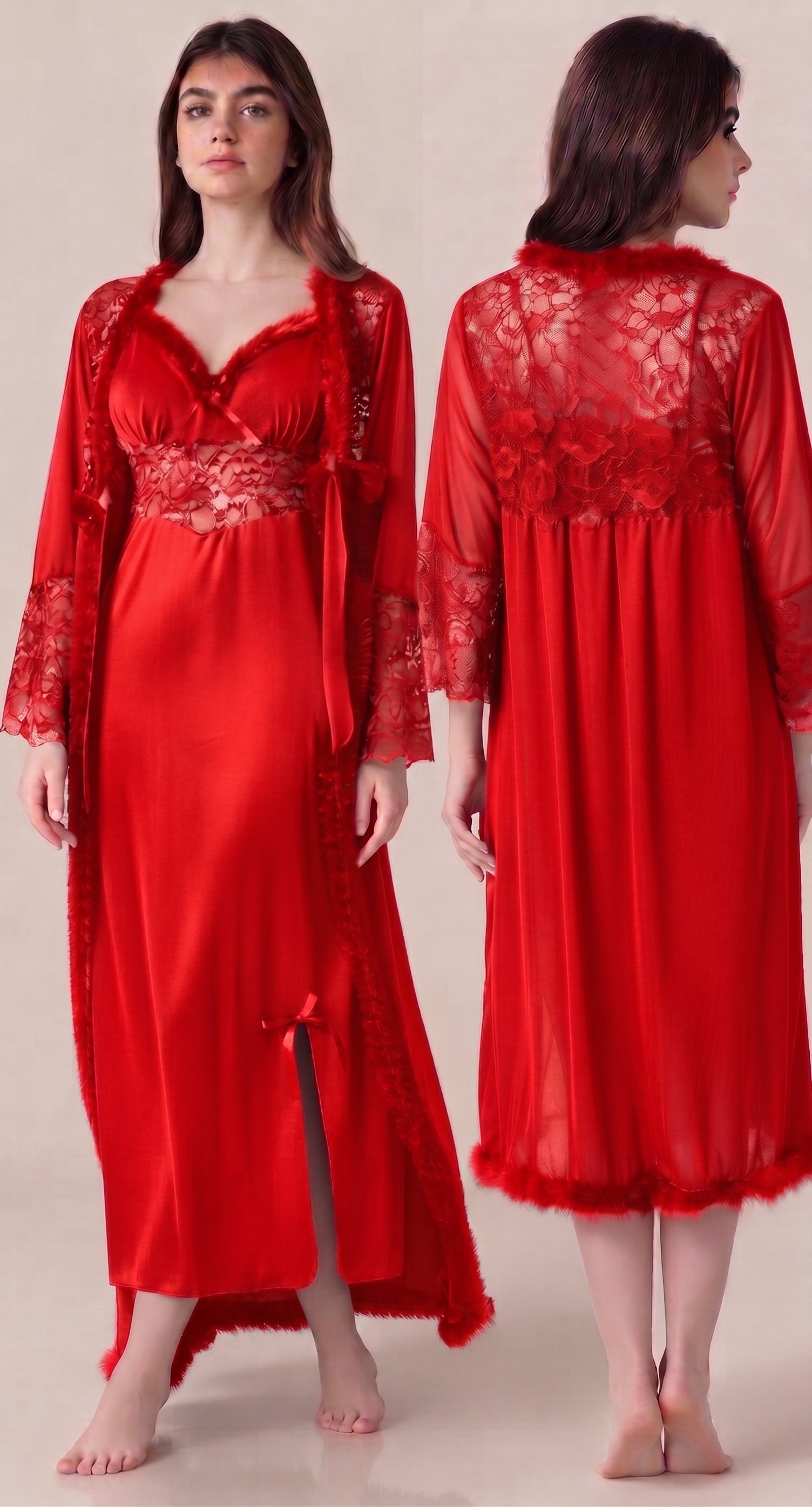 Satin & Lace Long Robe Nightwear Set