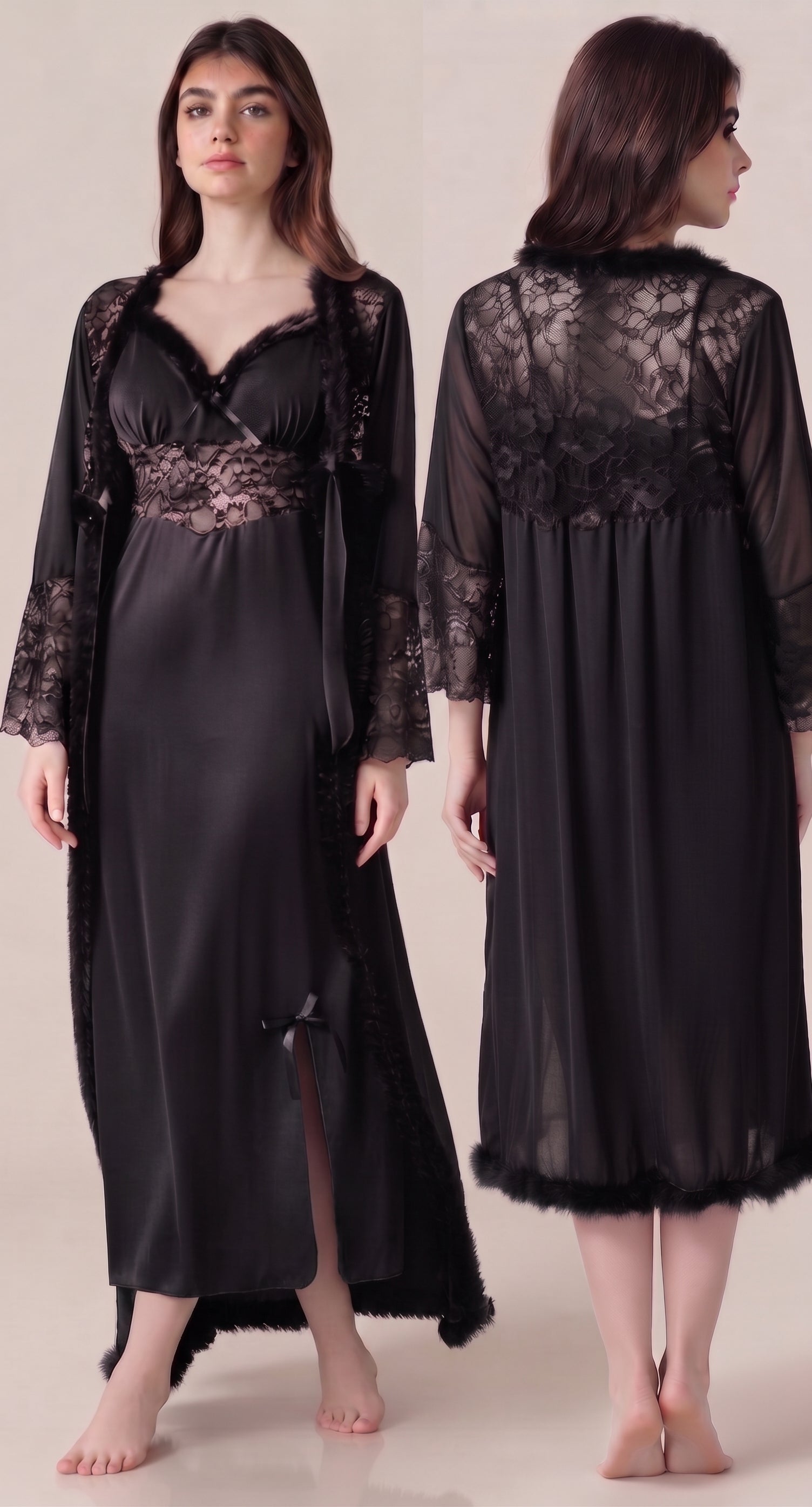 Satin & Lace Long Robe Nightwear Set