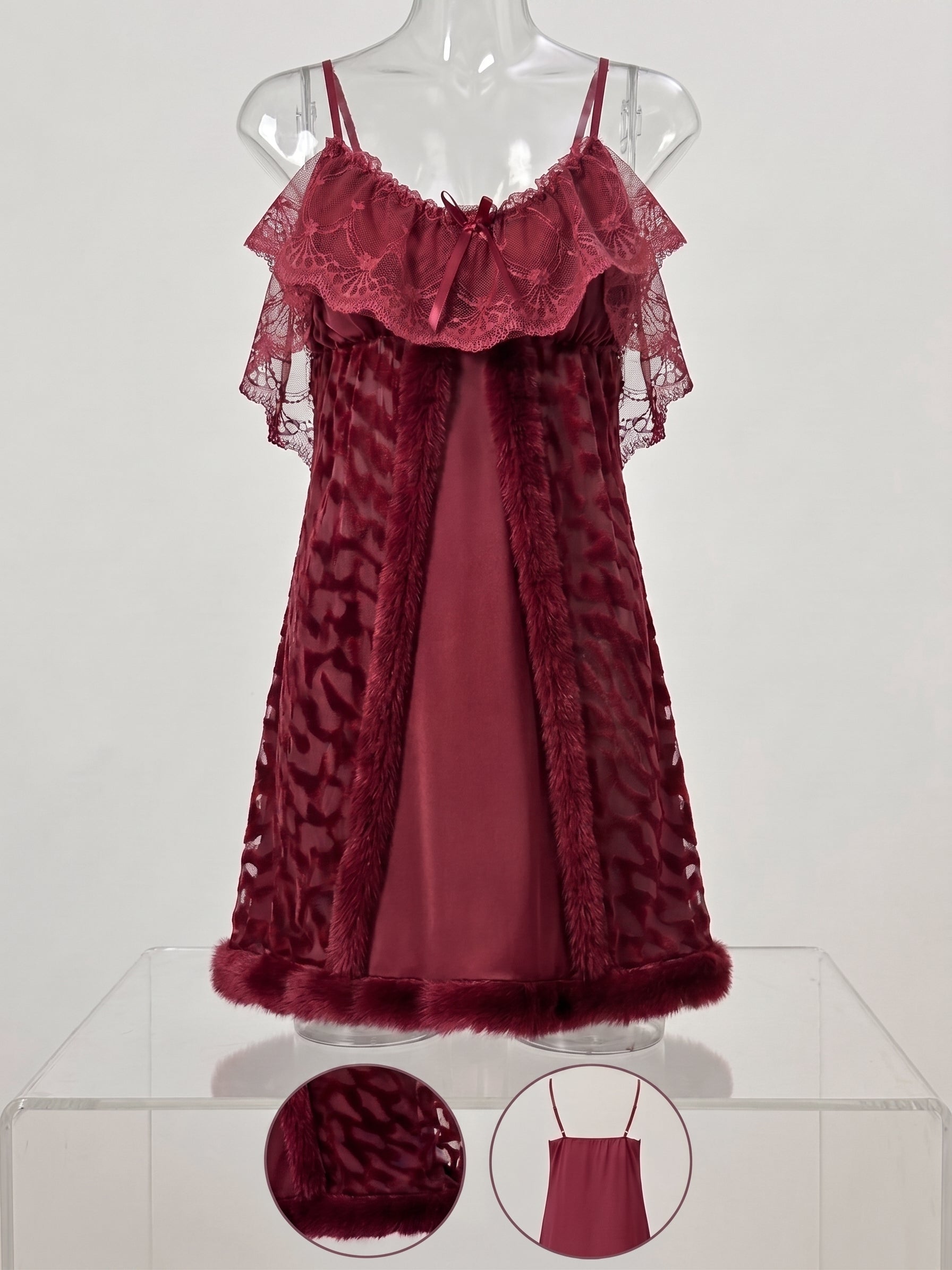 Velvet & Lace Cold-Shoulder Nightdress with Fur Trim