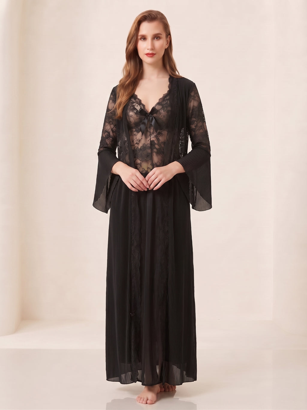 Lace & Pleated Long Robe Nightwear Set