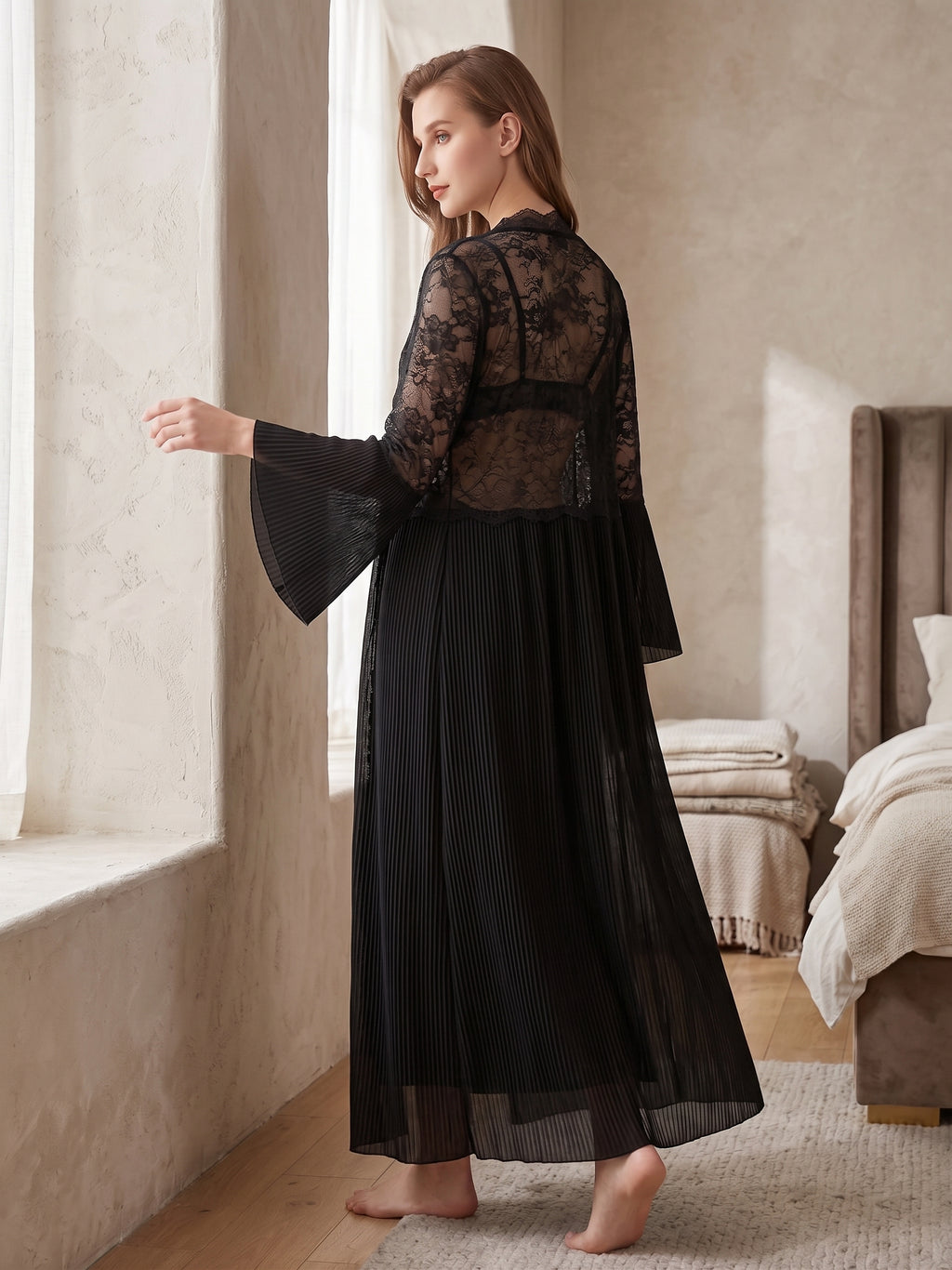 Lace & Pleated Long Robe Nightwear Set