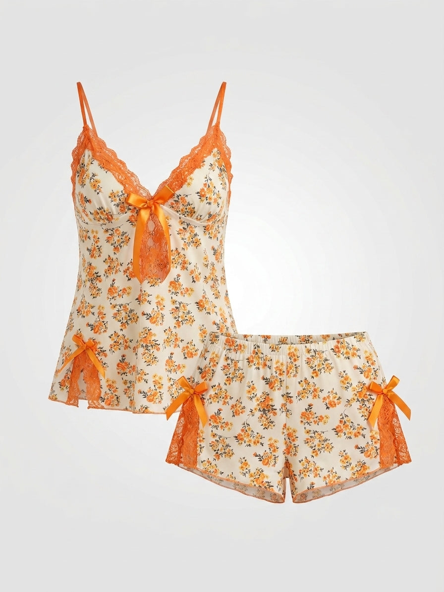 Floral Lace Camisole & Shorts Pajama Set orange