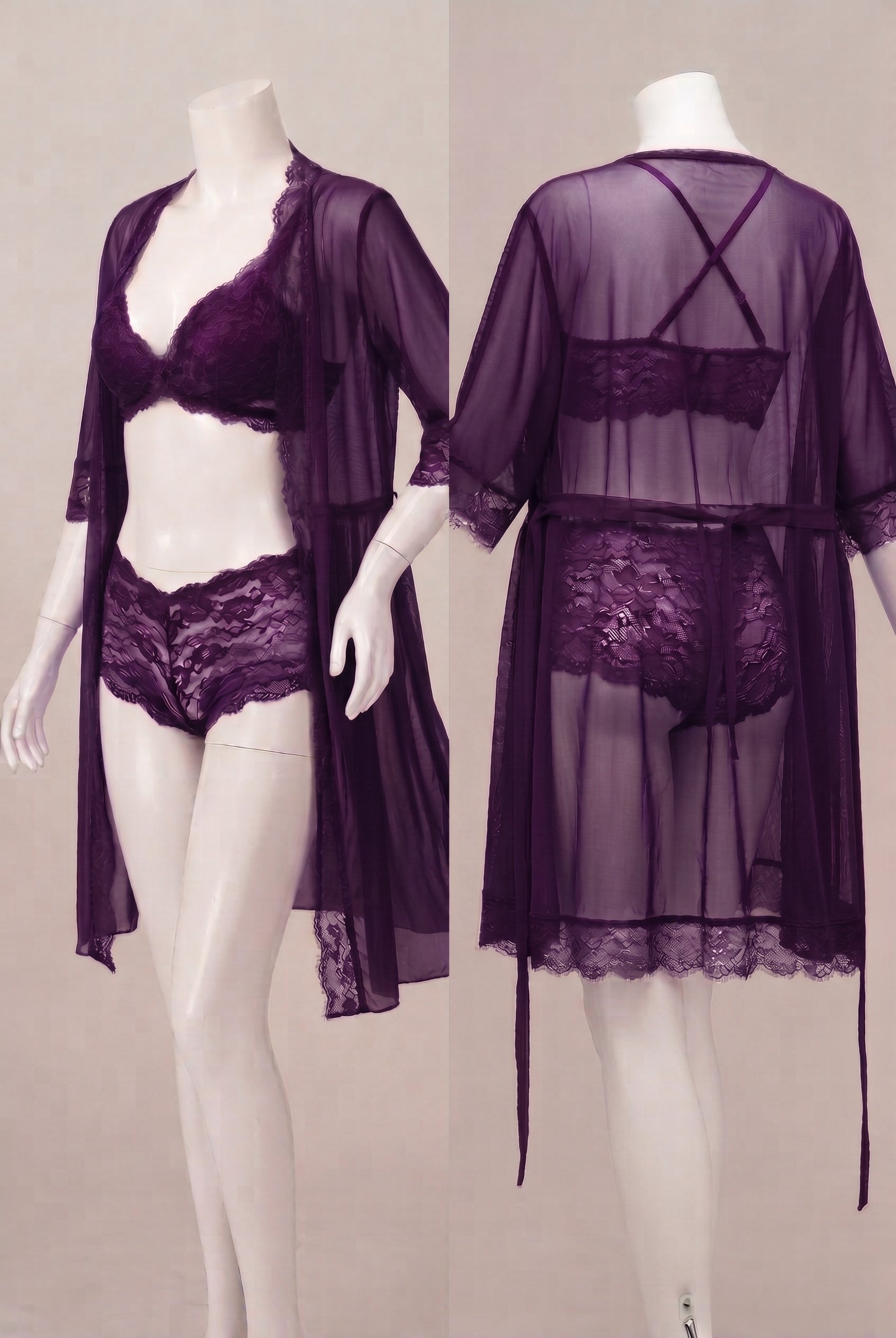 3-Piece Sheer Floral Lace Lingerie Set with Robe