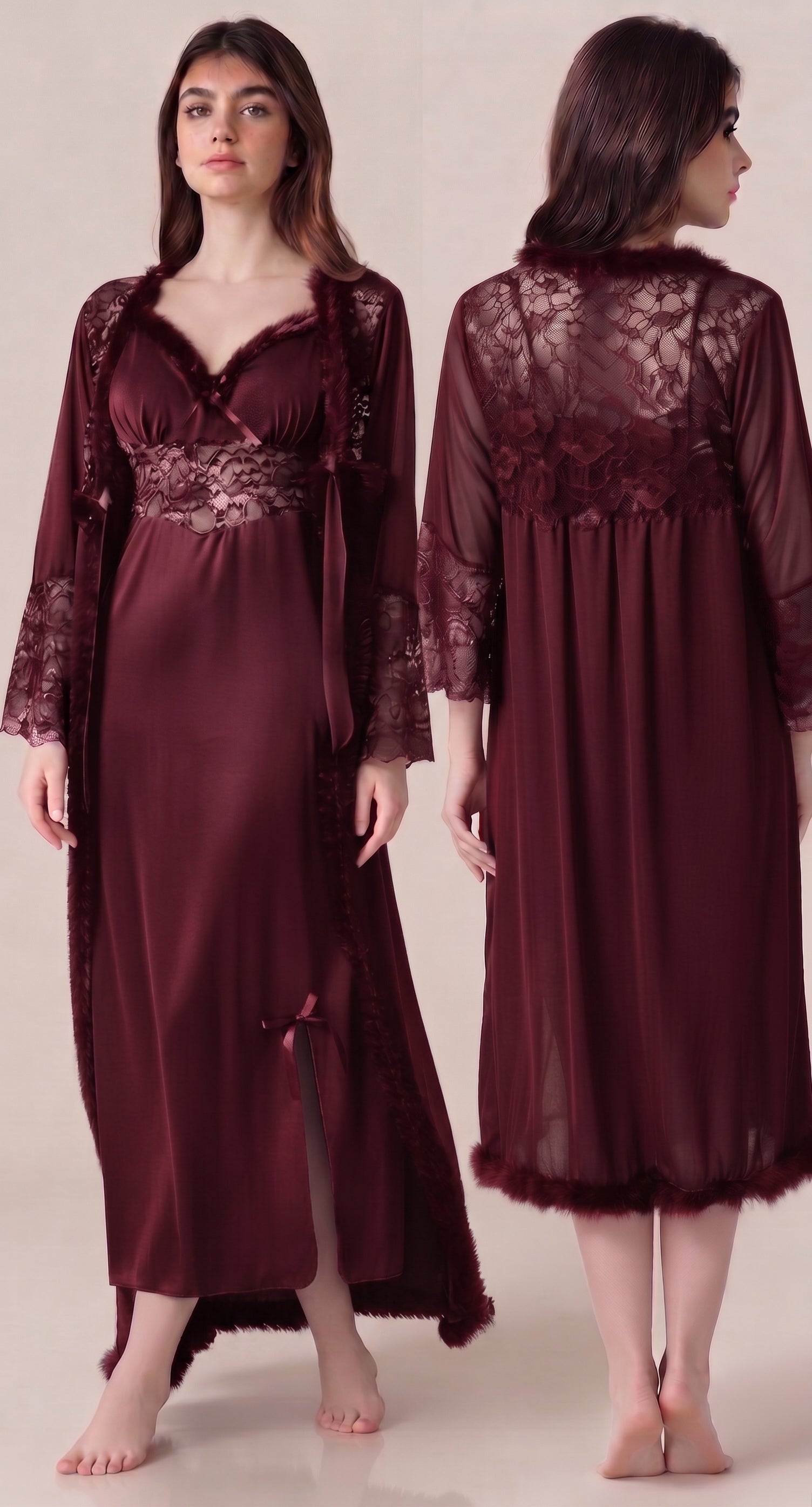 Satin & Lace Long Robe Nightwear Set