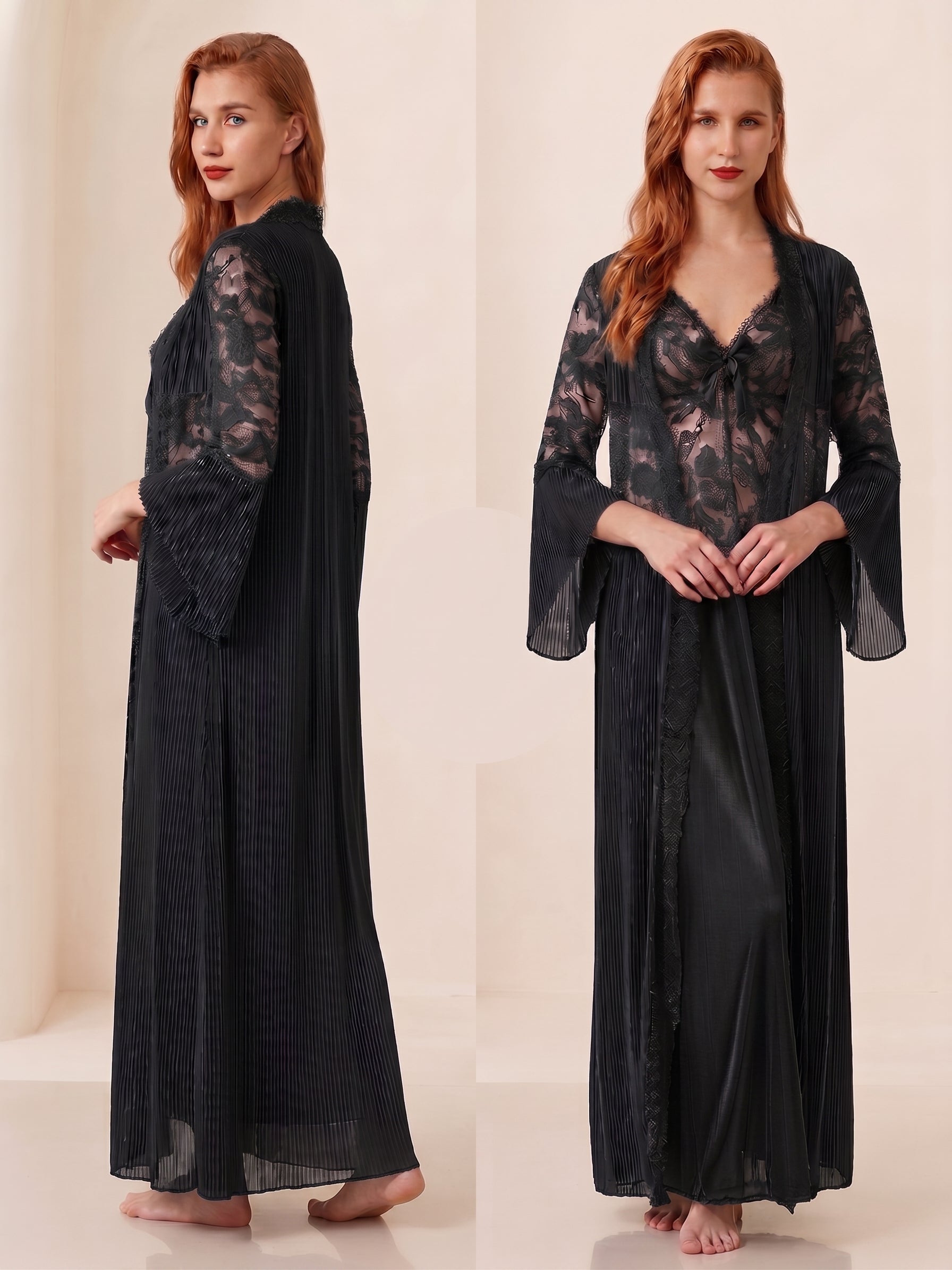 Lace & Pleated Long Robe Nightwear Set