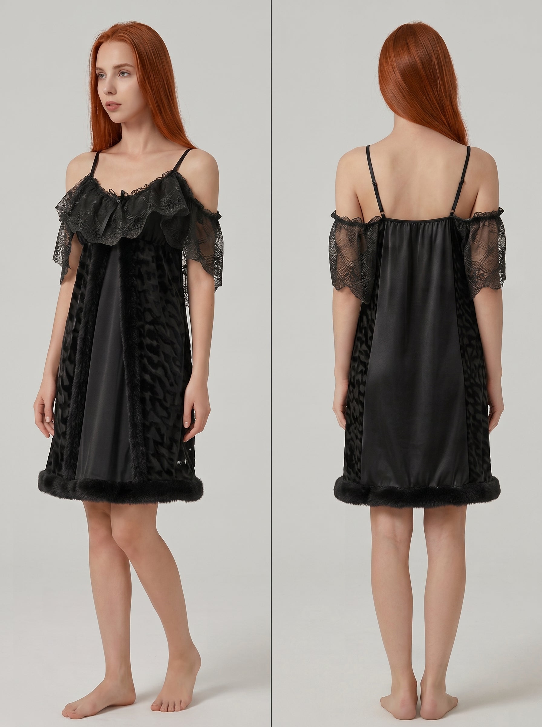 Velvet & Lace Cold-Shoulder Nightdress with Fur Trim