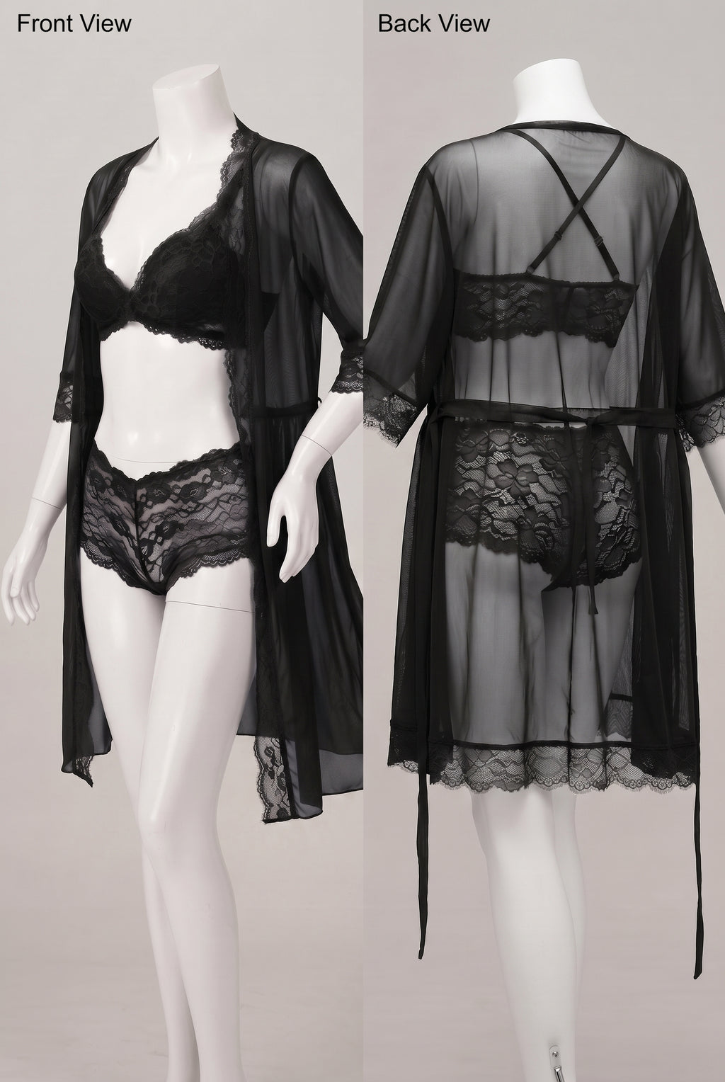 3-Piece Sheer Floral Lace Lingerie Set with Robe