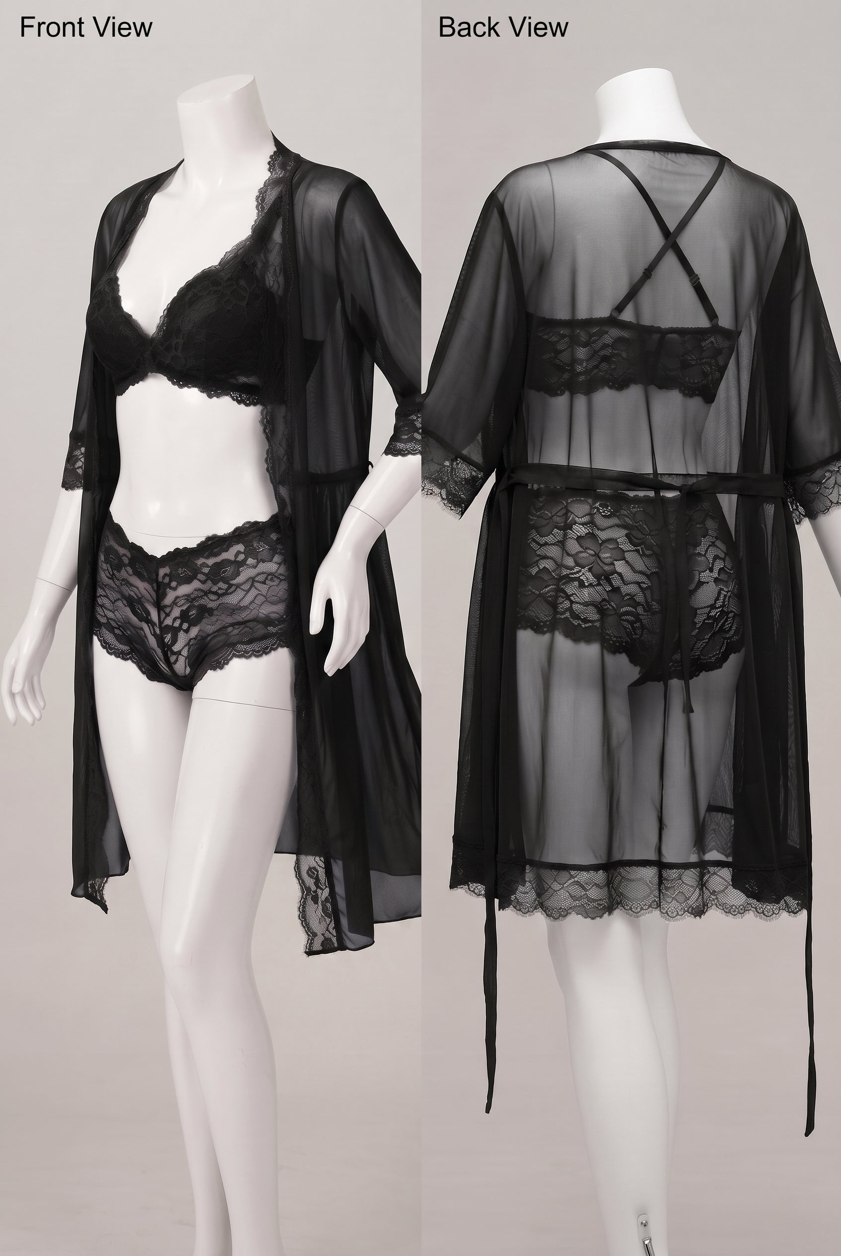 3-Piece Sheer Floral Lace Lingerie Set with Robe