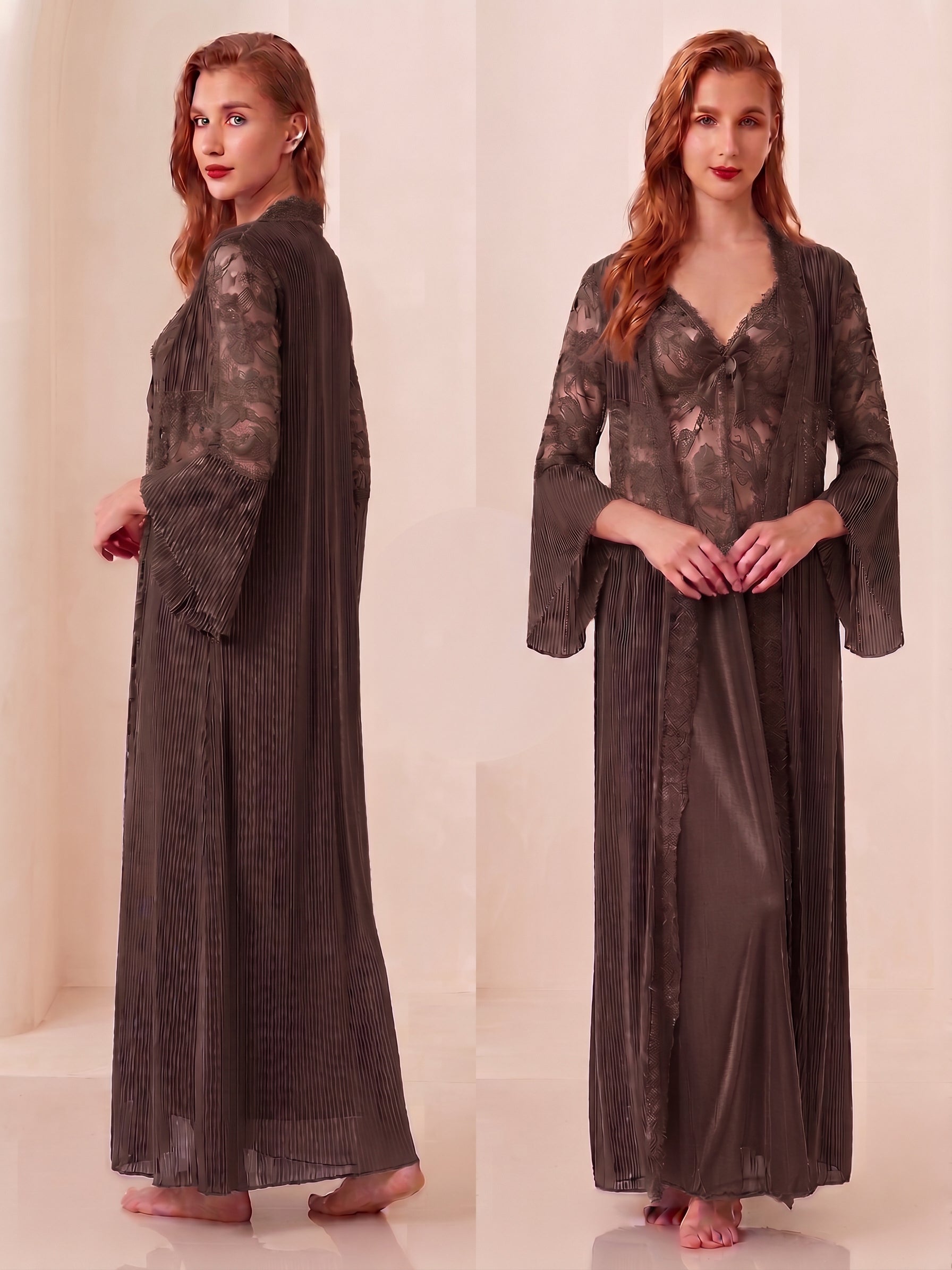Lace & Pleated Long Robe Nightwear Set
