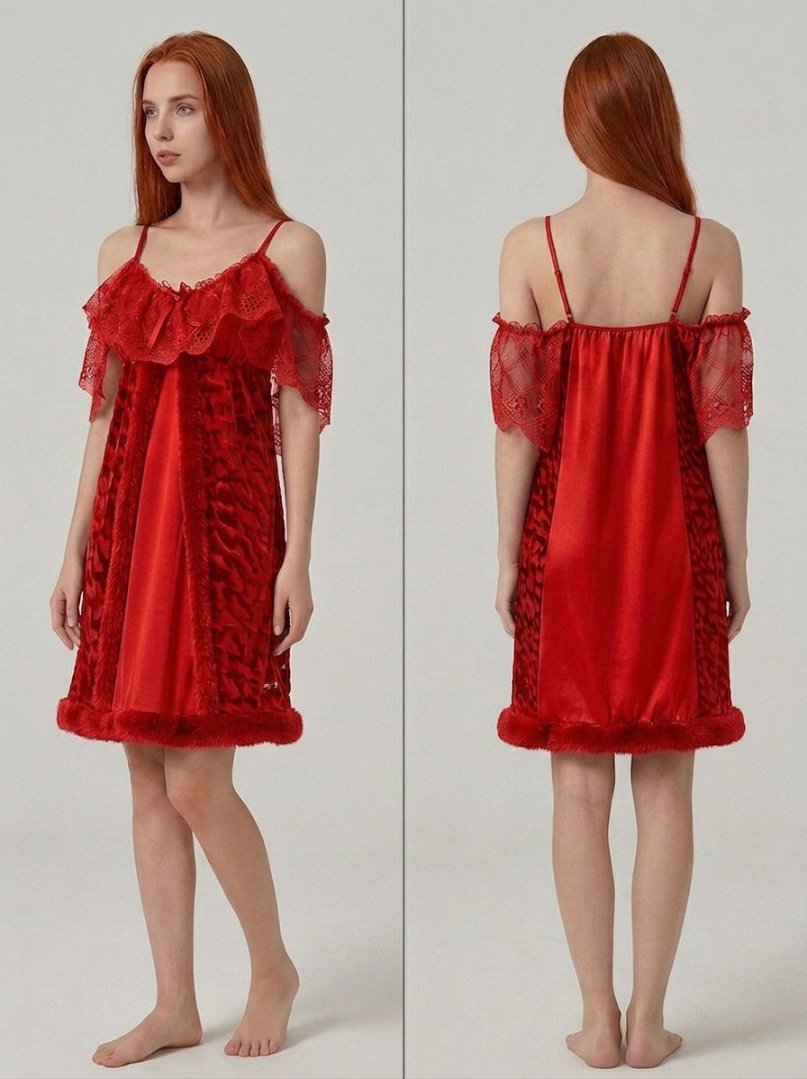 Velvet & Lace Cold-Shoulder Nightdress with Fur Trim