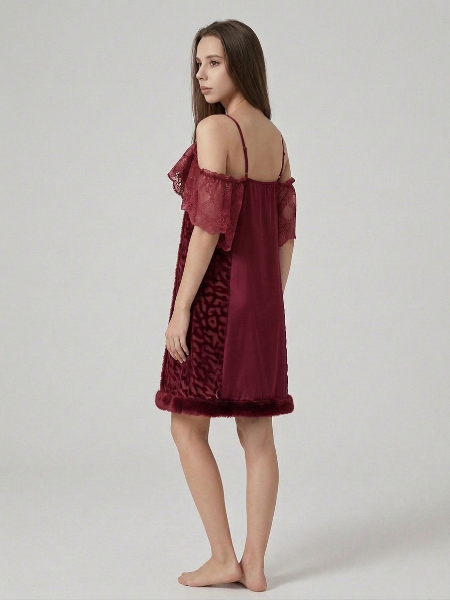 Velvet & Lace Cold-Shoulder Nightdress with Fur Trim
