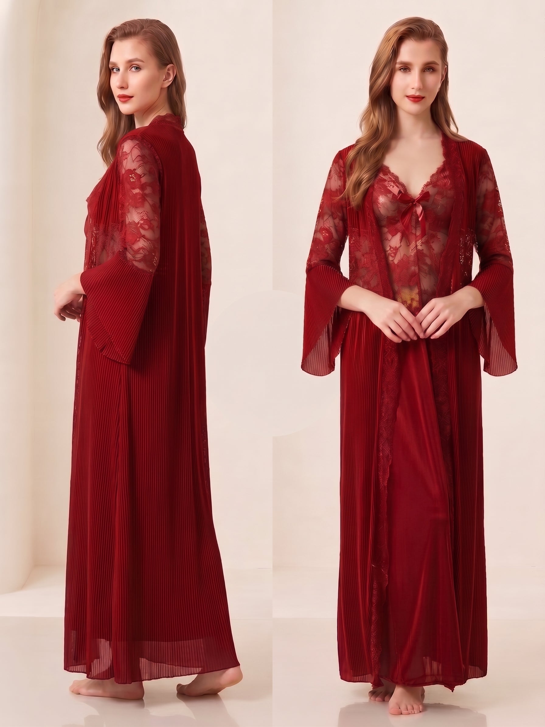 Lace & Pleated Long Robe Nightwear Set
