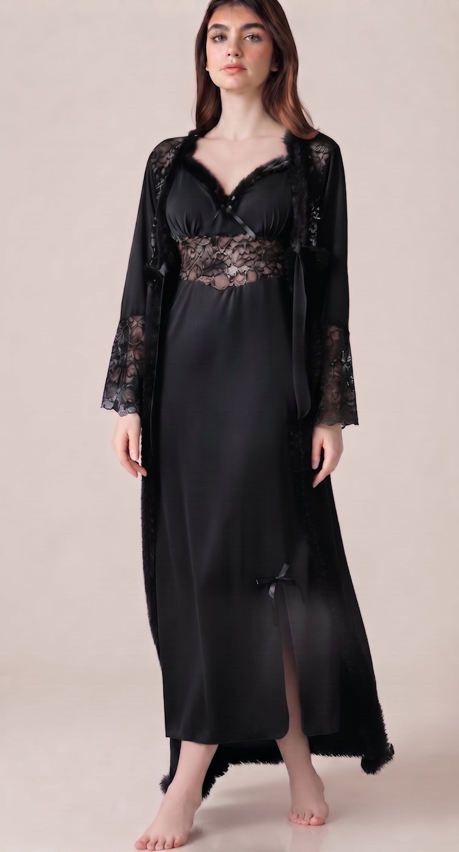 Satin & Lace Long Robe Nightwear Set
