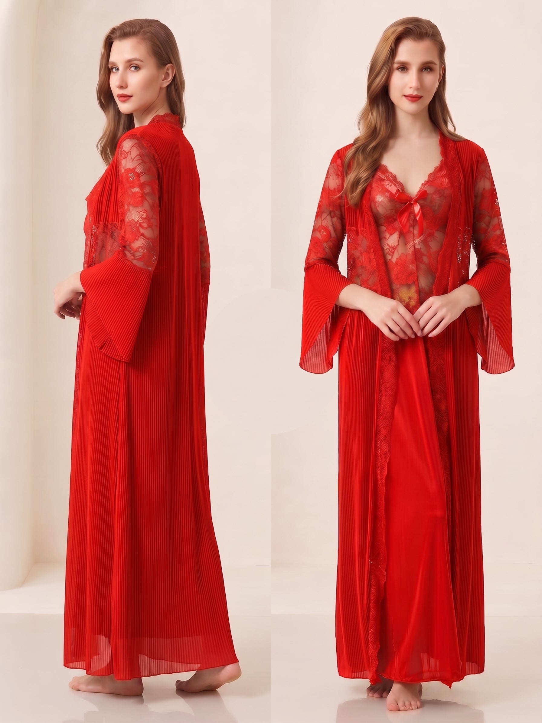 Lace & Pleated Long Robe Nightwear Set